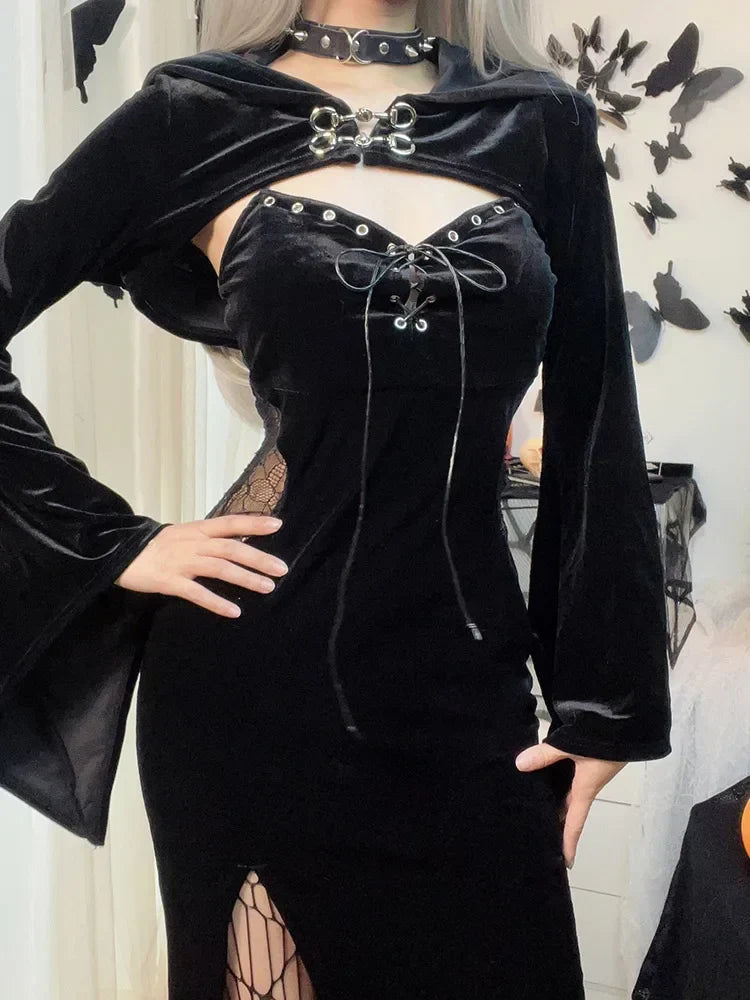 Velvet Bell Sleeve Chest Cutout Buckle Corset Lace-Up Thigh Slit Midi Dress 4