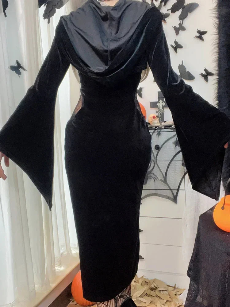 Velvet Bell Sleeve Chest Cutout Buckle Corset Lace-Up Thigh Slit Midi Dress 6