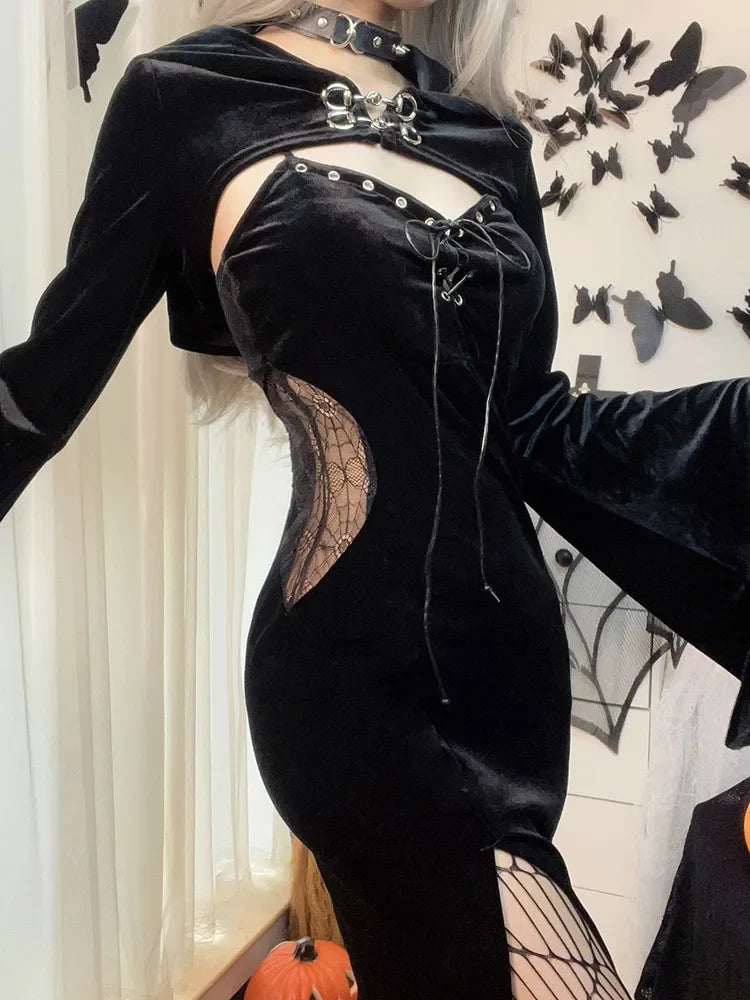 Velvet Bell Sleeve Chest Cutout Buckle Corset Lace-Up Thigh Slit Midi Dress 5