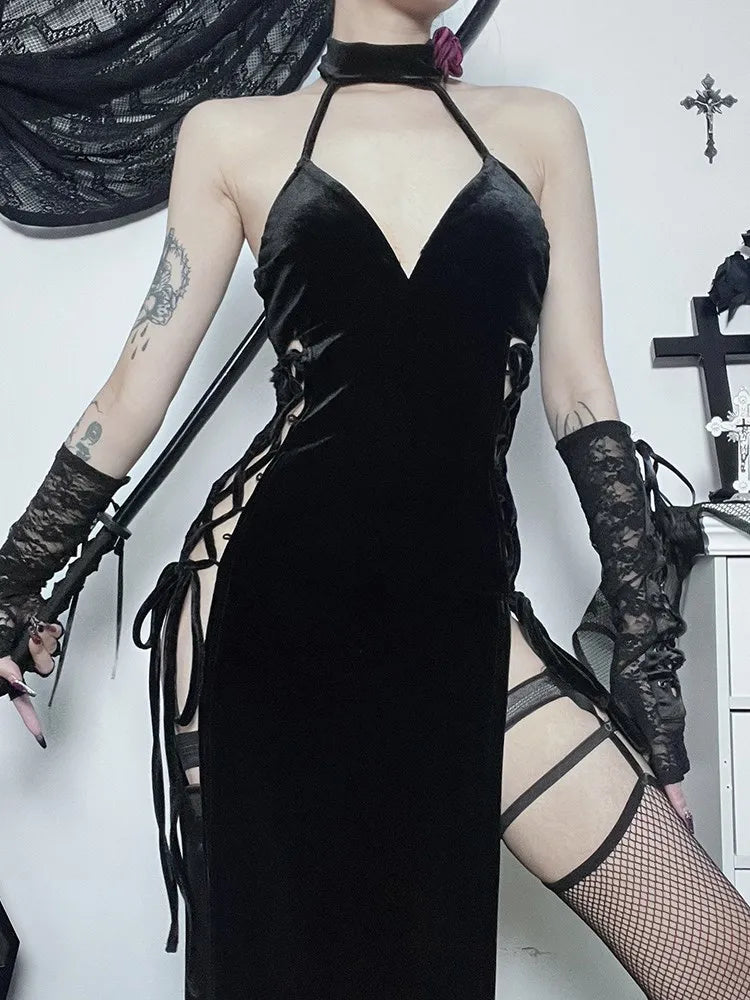 Velvet Halter Lace Up Side Panel High Slit Maxi Dress 3