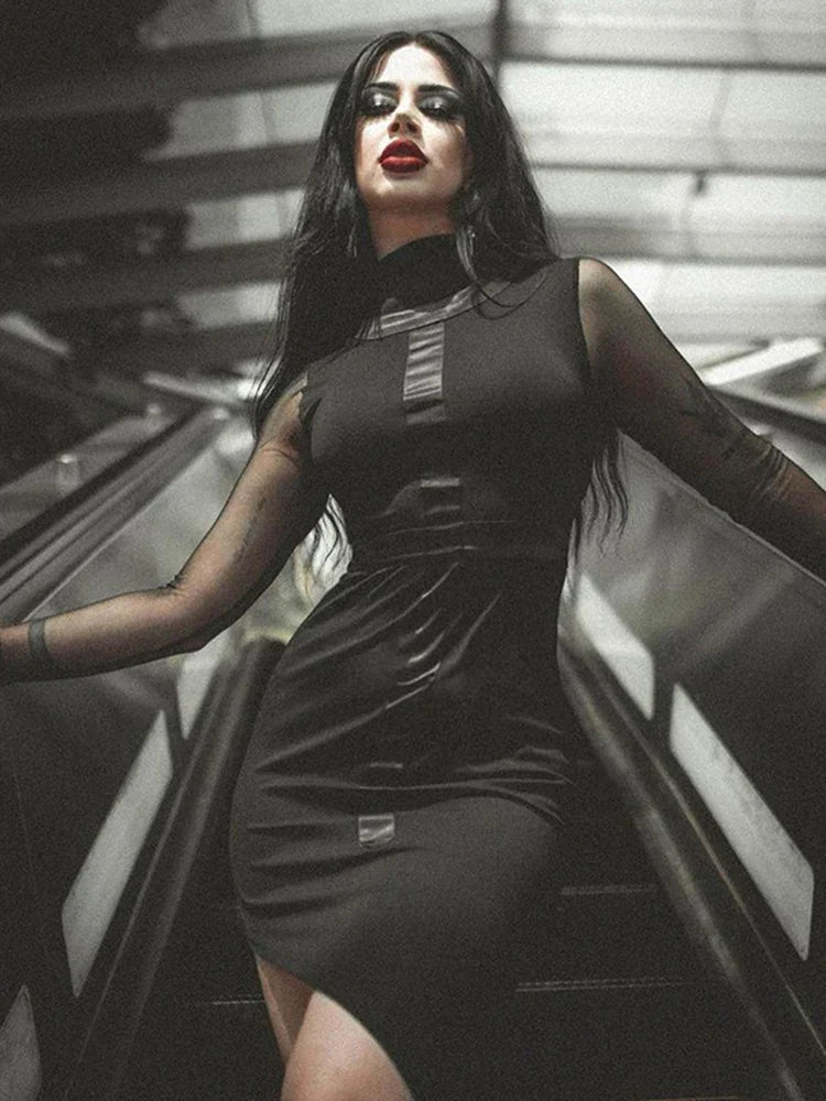 Mesh Long Sleeve Mock Neck Cross Panel Asymmetric Hem Bodycon Mini Dress 4