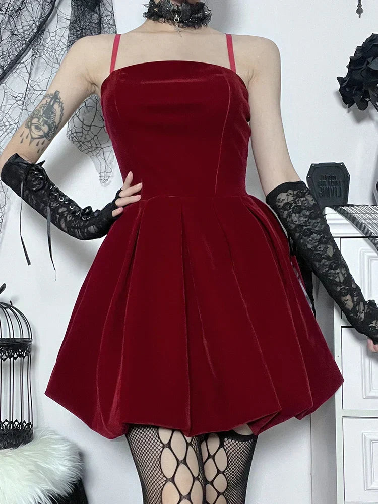 Velvet Square Neck Spaghetti Strap Shirred Corset Bubble Hem Mini Dress 2