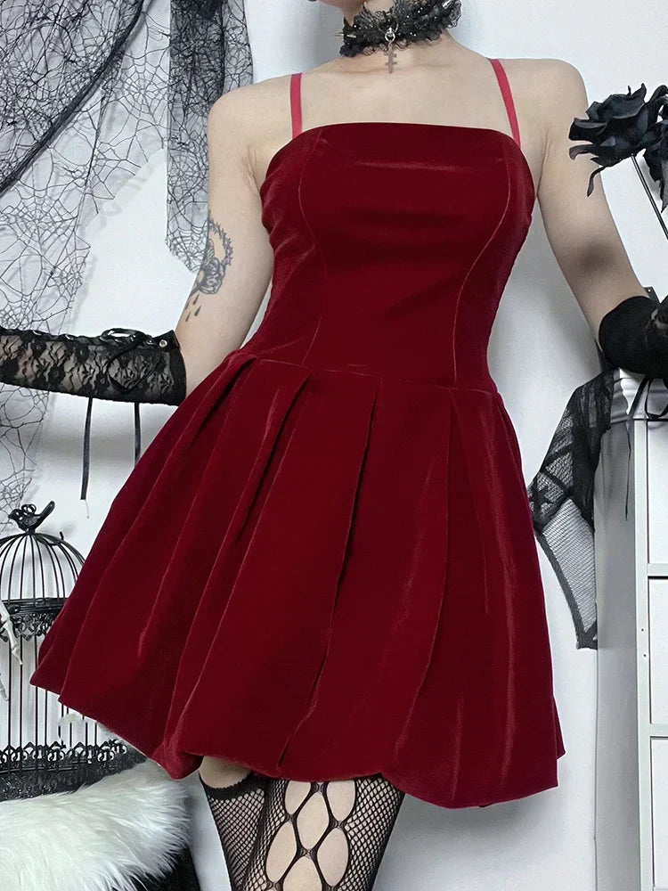 Velvet Square Neck Spaghetti Strap Shirred Corset Bubble Hem Mini Dress 3