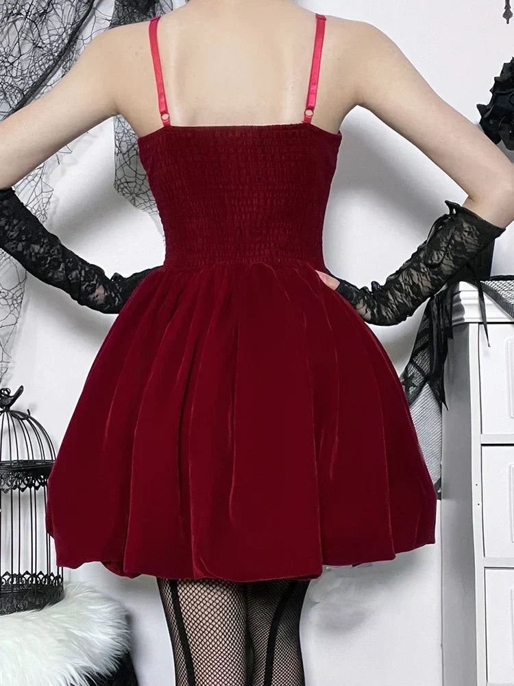 Velvet Square Neck Spaghetti Strap Shirred Corset Bubble Hem Mini Dress 4