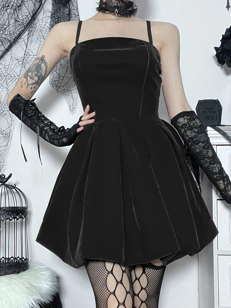 Velvet Square Neck Spaghetti Strap Shirred Corset Bubble Hem Mini Dress 5