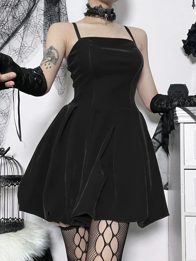 Velvet Square Neck Spaghetti Strap Shirred Corset Bubble Hem Mini Dress 6