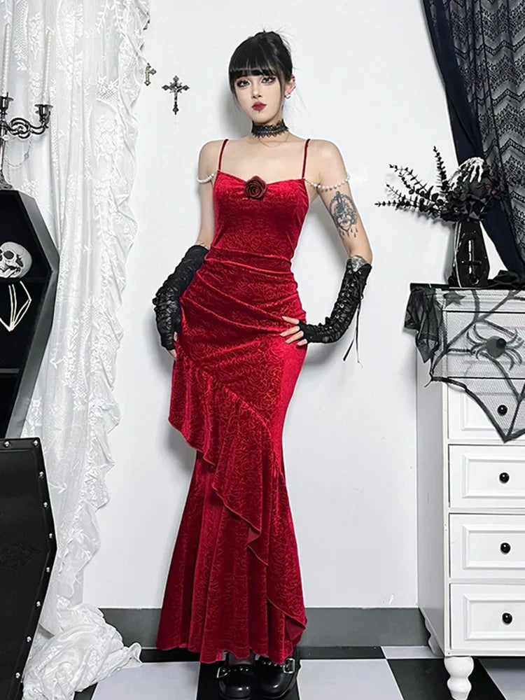 Floral Embossed Velvet Ruched Mermaid Gown with Pearl Shoulder Chains and Lace Up Arm Warmers Set 2