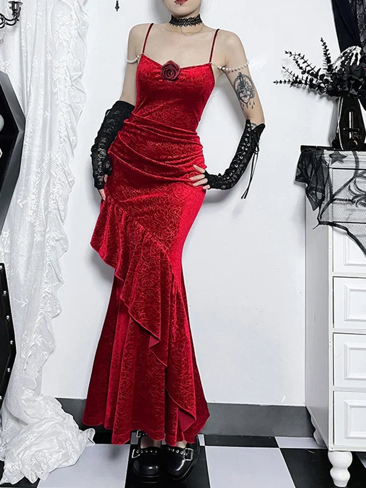 Floral Embossed Velvet Ruched Mermaid Gown with Pearl Shoulder Chains and Lace Up Arm Warmers Set 4