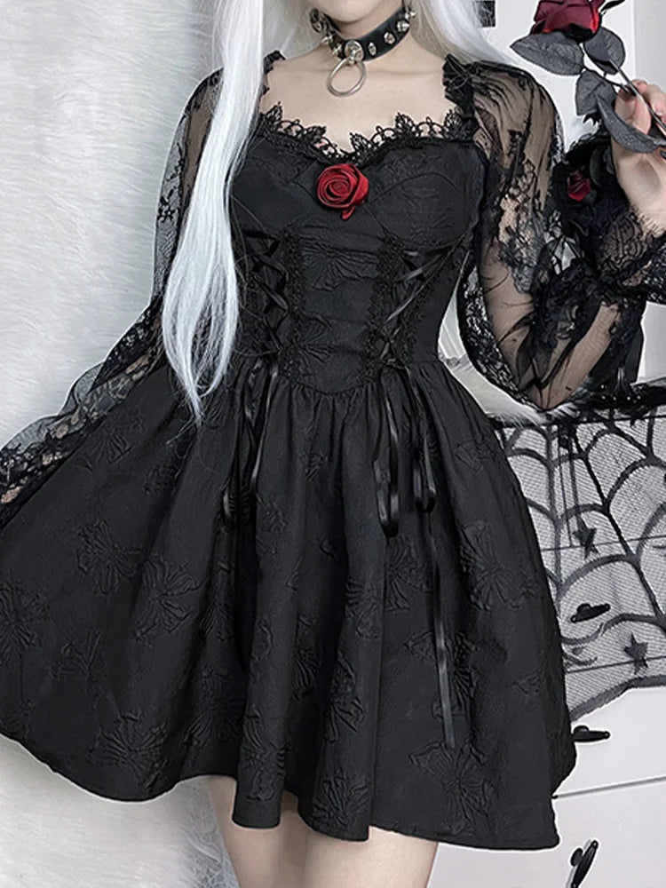 Sweetheart Lace Up Jacquard Bow Print Puff Sleeve Lolita Mini Dress 2