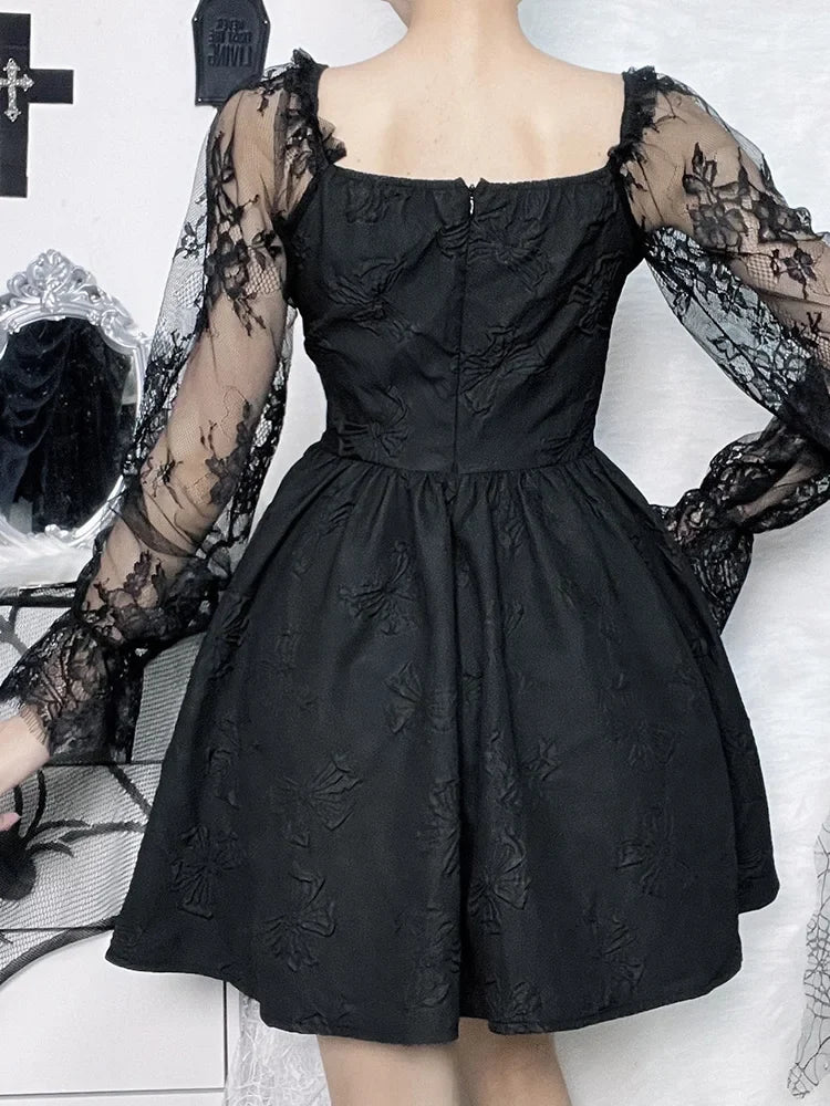 Gothic Jacquard Lace Up Corset Bishop Sleeve Puff Skirt Mini Dress 5