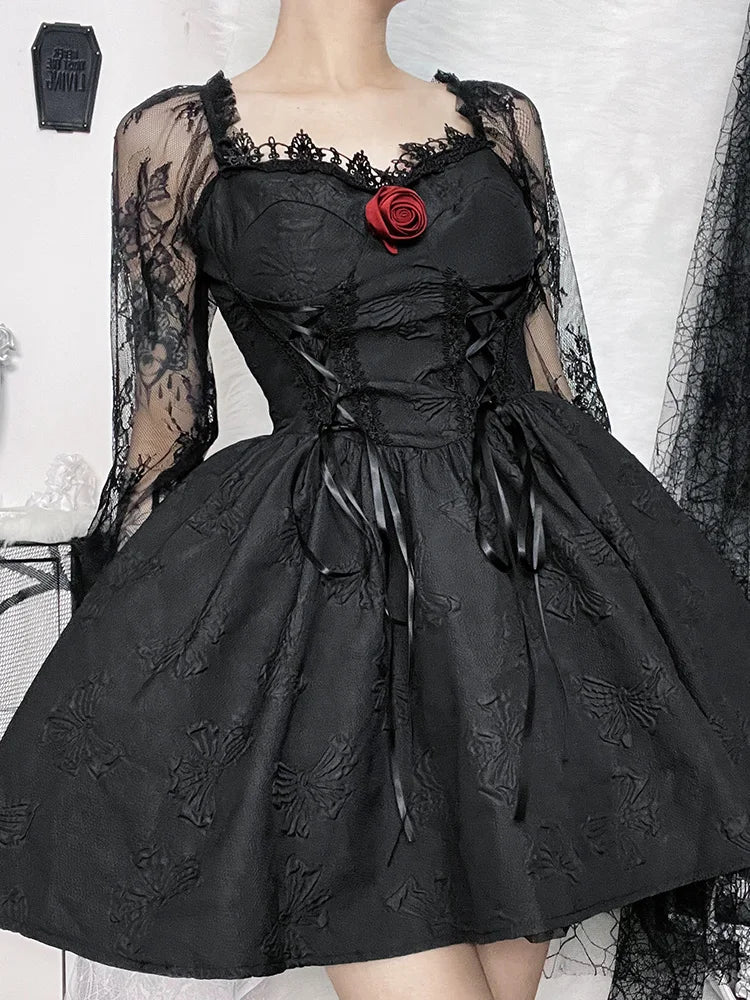 Gothic Jacquard Lace Up Corset Bishop Sleeve Puff Skirt Mini Dress 3