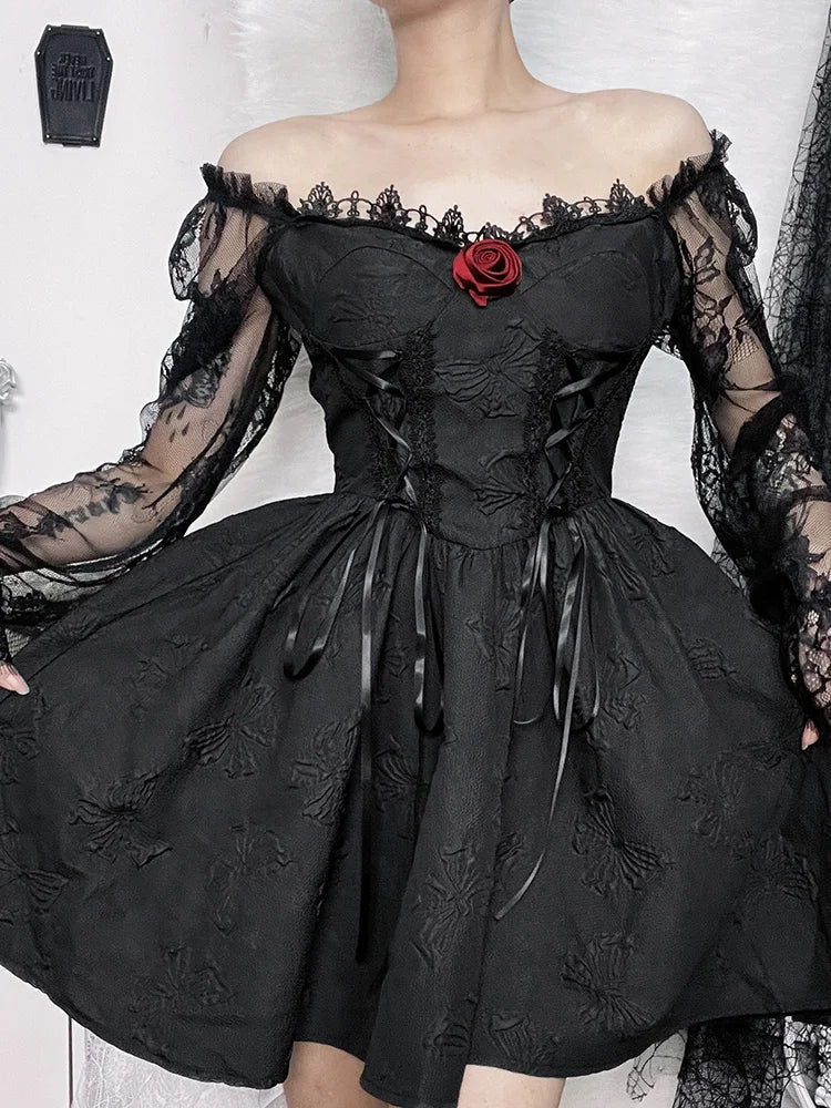 Gothic Jacquard Lace Up Corset Bishop Sleeve Puff Skirt Mini Dress 2