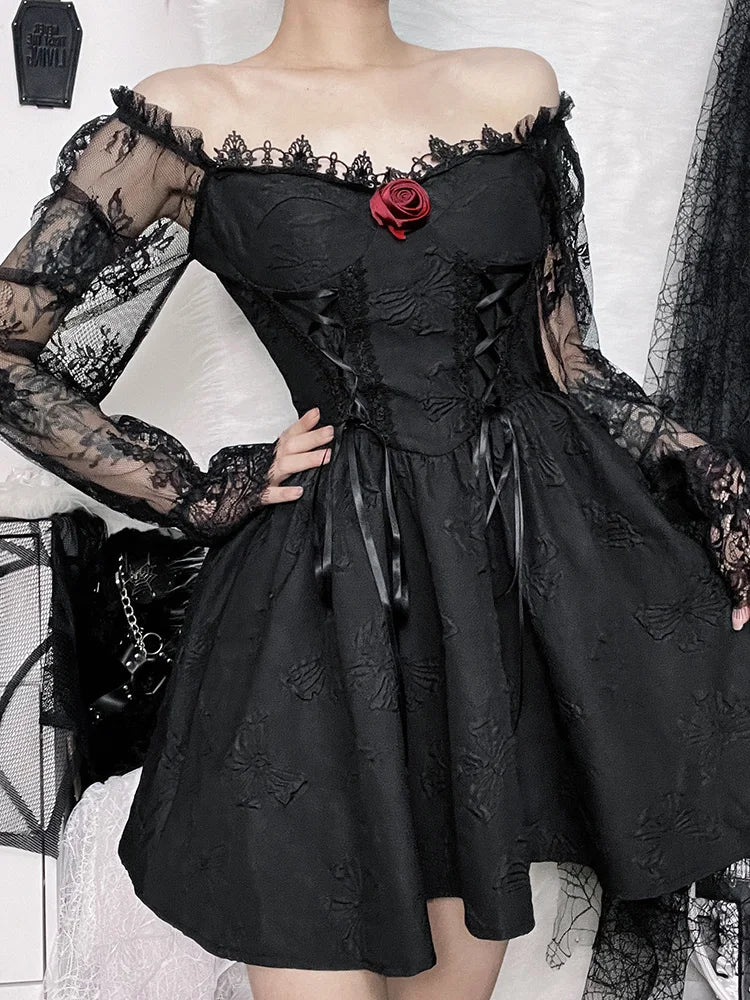 Gothic Jacquard Lace Up Corset Bishop Sleeve Puff Skirt Mini Dress 4