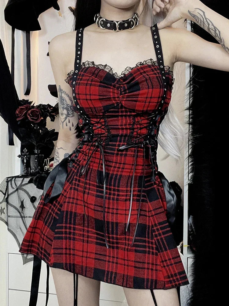 Plaid Corset Lace Up Bow Detail Spaghetti Strap Mini Dress 3