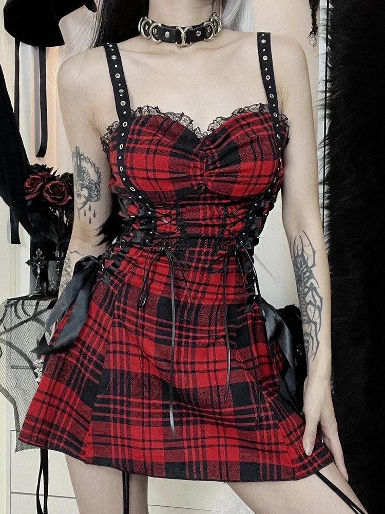 Plaid Corset Lace Up Bow Detail Spaghetti Strap Mini Dress 7