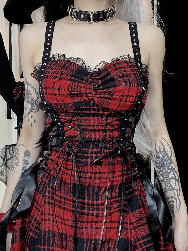 Plaid Corset Lace Up Bow Detail Spaghetti Strap Mini Dress 5