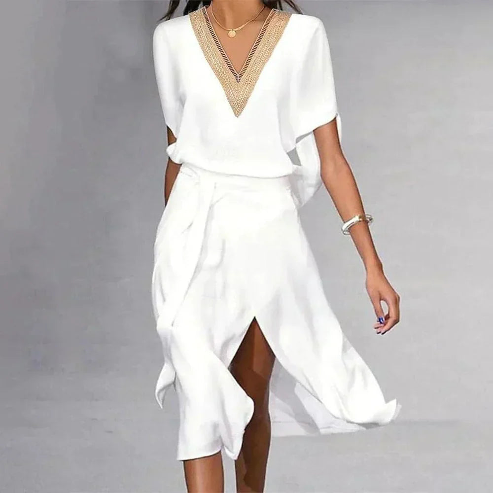 Deep V Neck Flutter Sleeve Crochet Trim Wrap High Slit Midi Dress