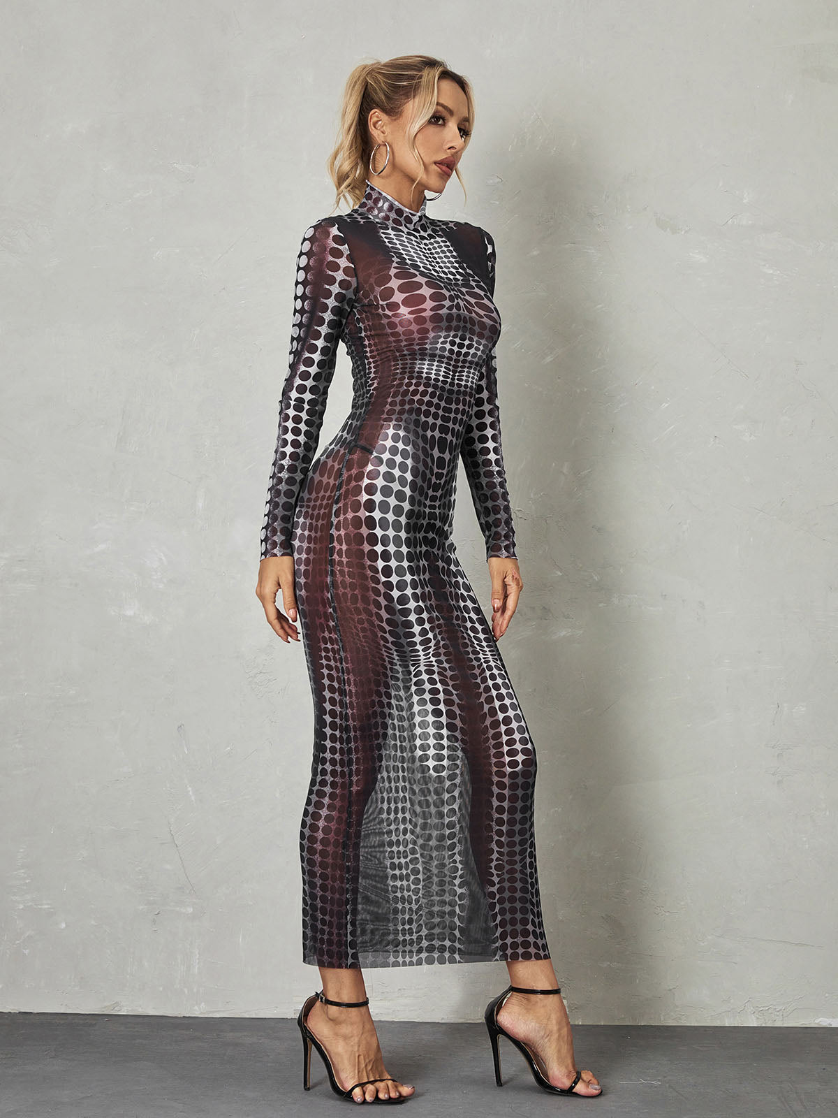 Mock Neck Long Sleeve Optical Illusion Print Bodycon Jumpsuit 4