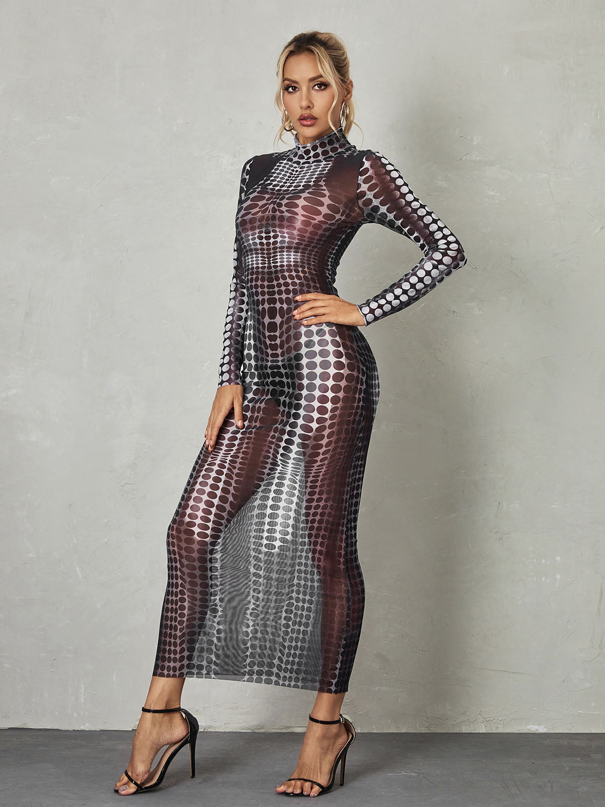 Mock Neck Long Sleeve Optical Illusion Print Bodycon Jumpsuit 3