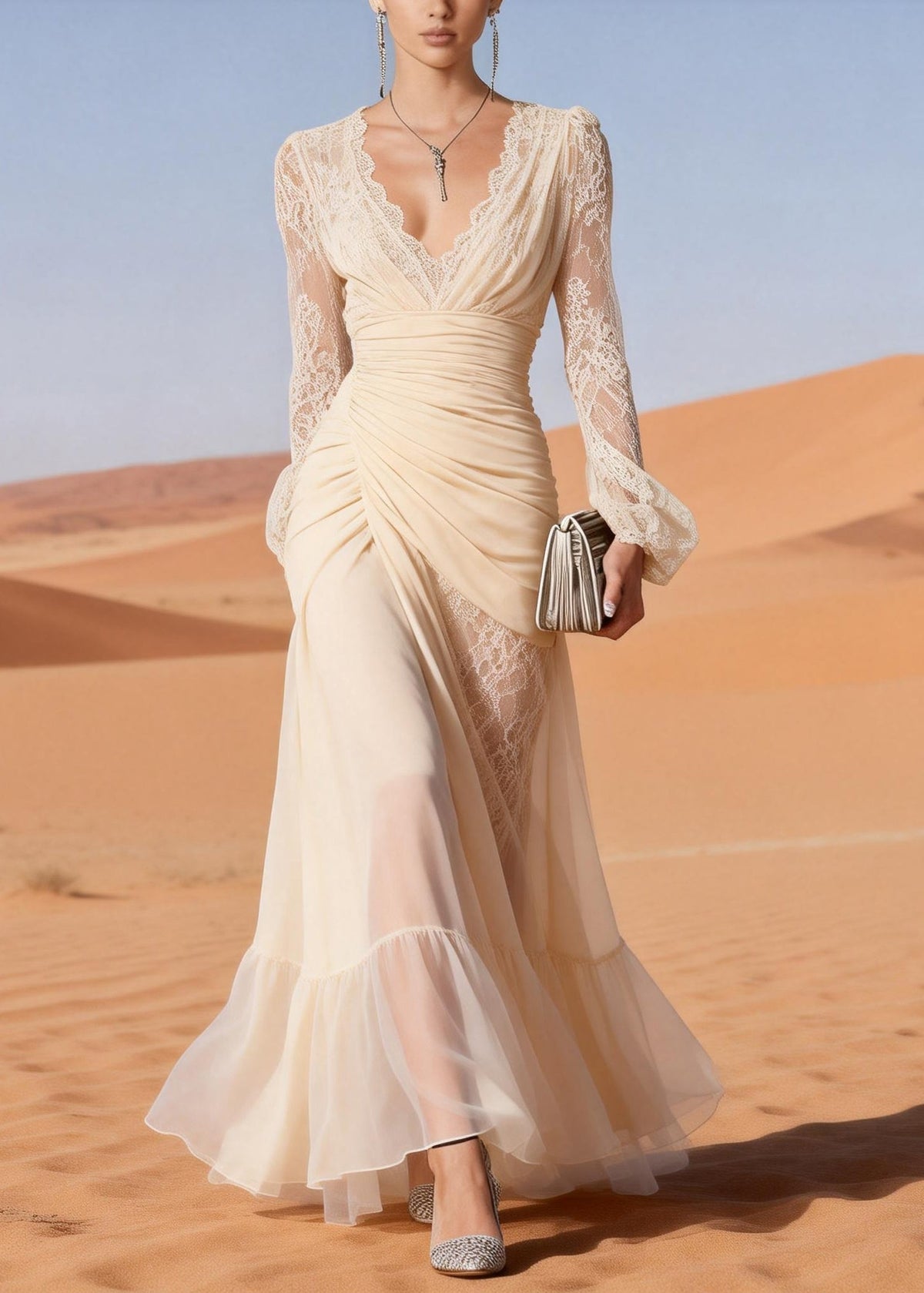V-Neck Lace Trim Ruched Bodice Asymmetrical Wrap Tiered Floor-Length Gown 3
