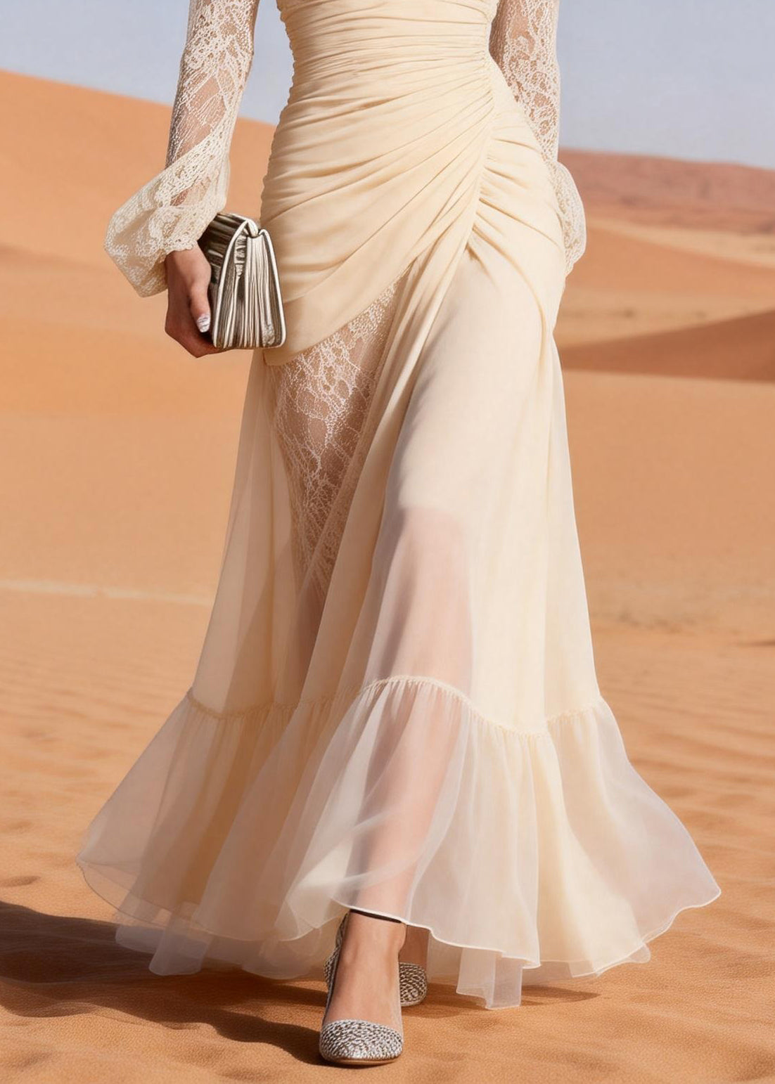 V-Neck Lace Trim Ruched Bodice Asymmetrical Wrap Tiered Floor-Length Gown 4