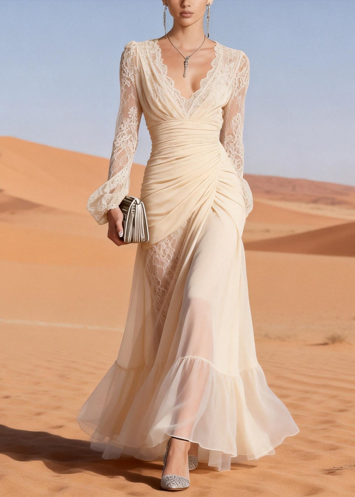 V-Neck Lace Trim Ruched Bodice Asymmetrical Wrap Tiered Floor-Length Gown 5