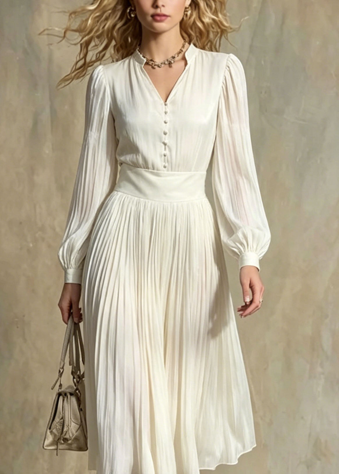 Deep V-Neck Band Collar Puff Sleeve Pleated Accordion Skirt Dress 2