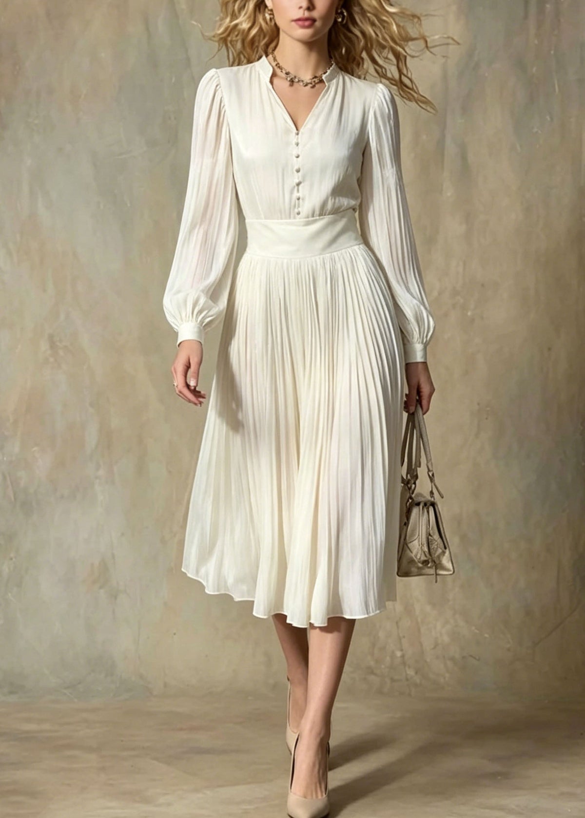 Deep V-Neck Band Collar Puff Sleeve Pleated Accordion Skirt Dress 3