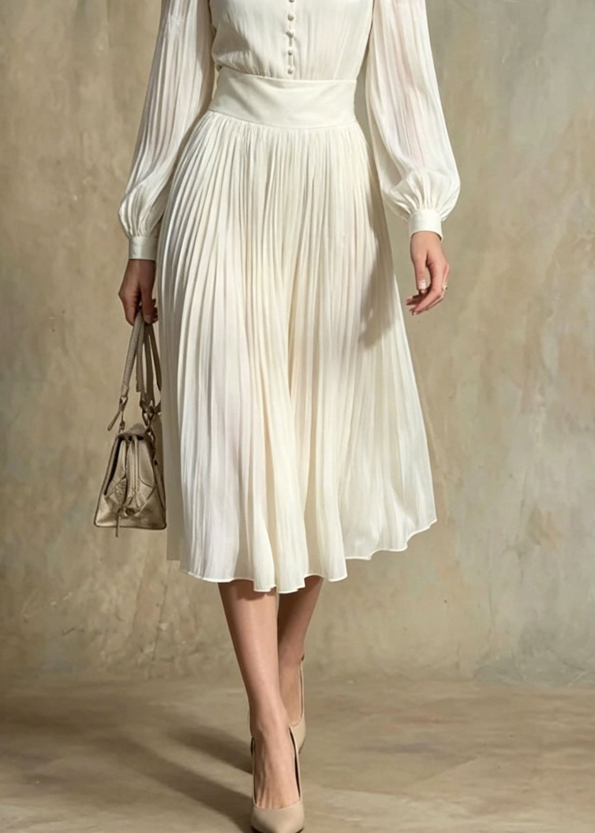 Deep V-Neck Band Collar Puff Sleeve Pleated Accordion Skirt Dress 4