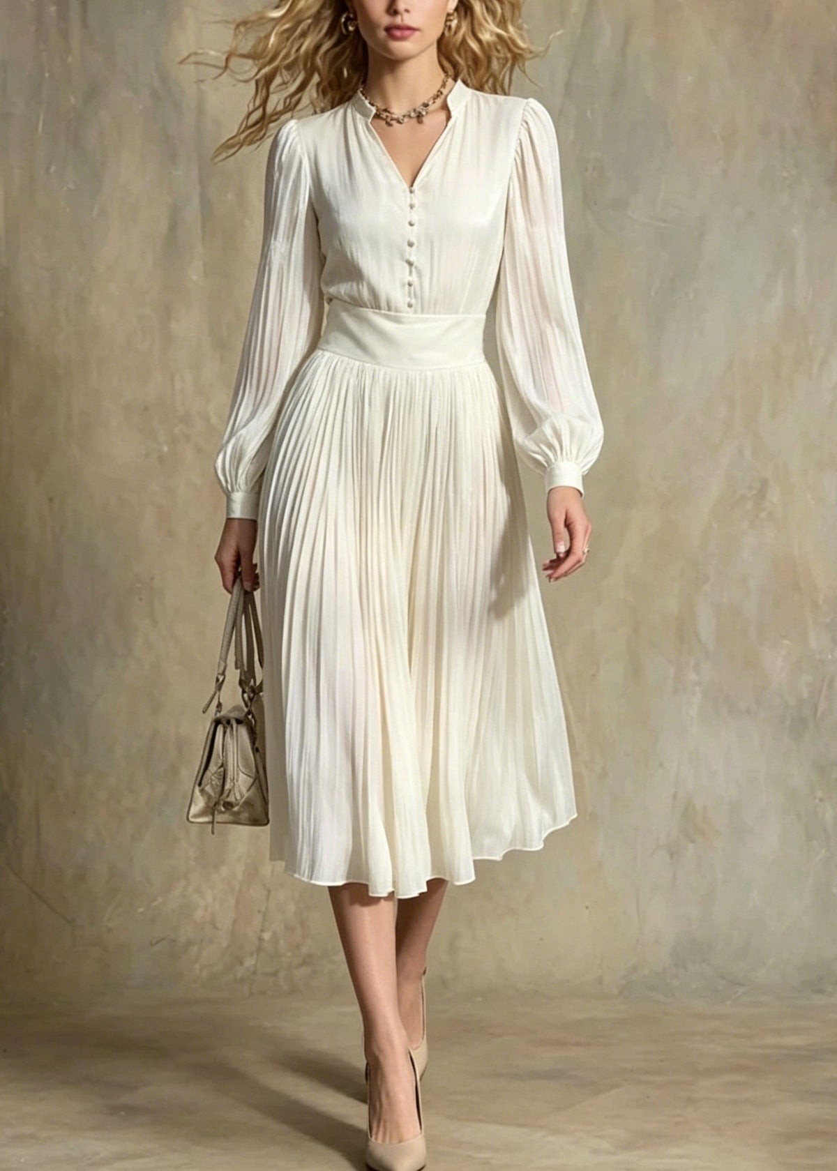 Deep V-Neck Band Collar Puff Sleeve Pleated Accordion Skirt Dress 5