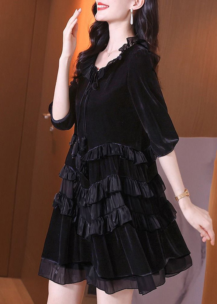 Tie Neck Three-Quarter Puff Sleeve Tiered Satin Ruffle Velvet Mini Dress 2