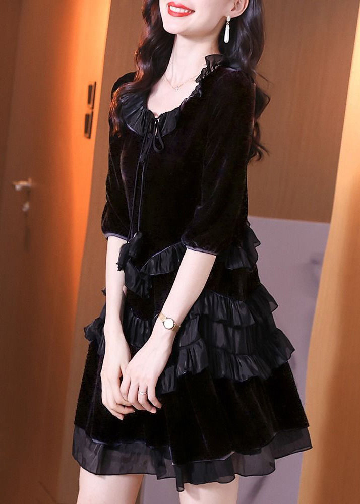 Tie Neck Three-Quarter Puff Sleeve Tiered Satin Ruffle Velvet Mini Dress 3