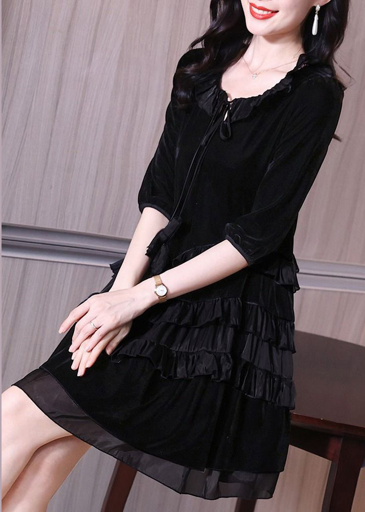 Tie Neck Three-Quarter Puff Sleeve Tiered Satin Ruffle Velvet Mini Dress 4