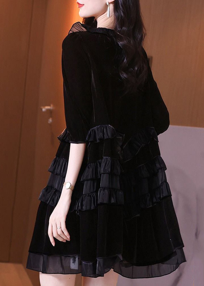 Tie Neck Three-Quarter Puff Sleeve Tiered Satin Ruffle Velvet Mini Dress 5