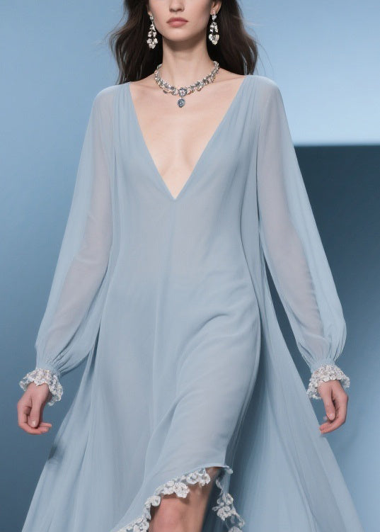 Deep V-Neck Lace Trim Long Sleeve Handkerchief Hem Chiffon Midi Dress 2
