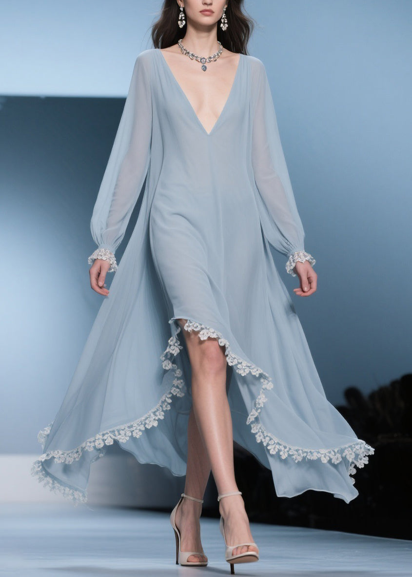 Deep V-Neck Lace Trim Long Sleeve Handkerchief Hem Chiffon Midi Dress 3