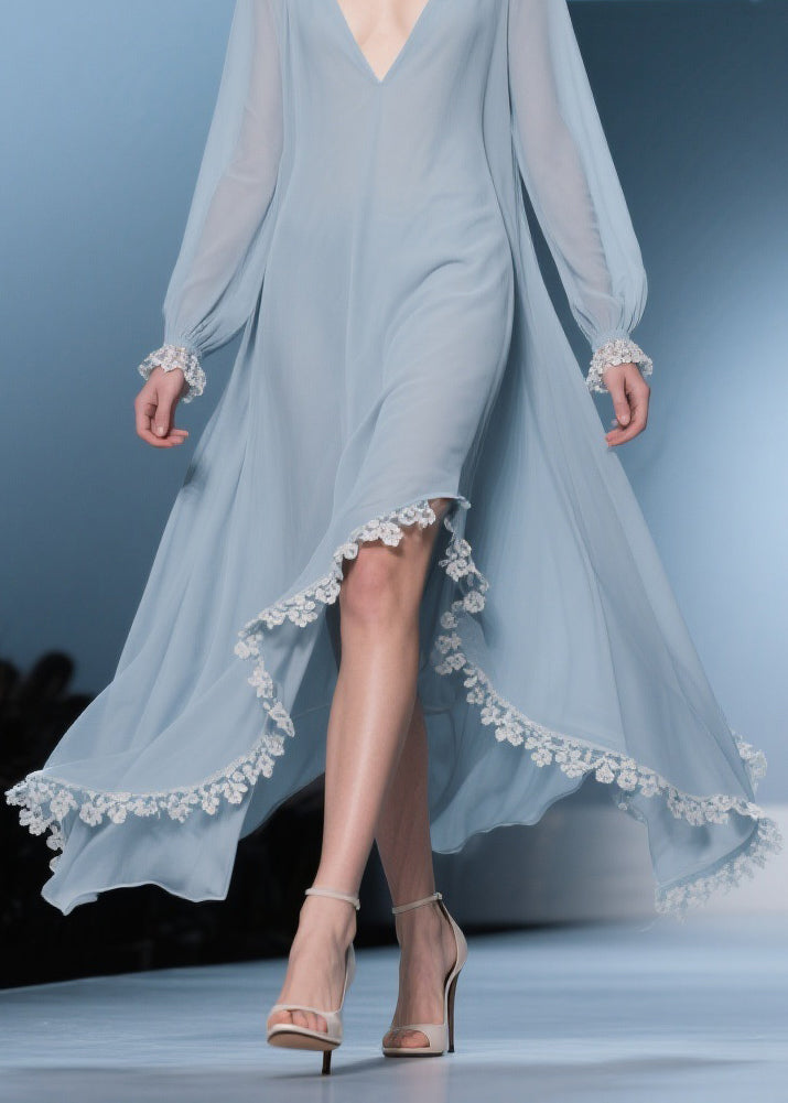 Deep V-Neck Lace Trim Long Sleeve Handkerchief Hem Chiffon Midi Dress 4