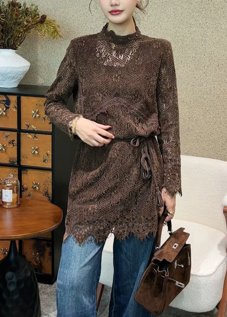Lace Mock Neck Tassel Tie Waist Scalloped Hem Mini Dress 2