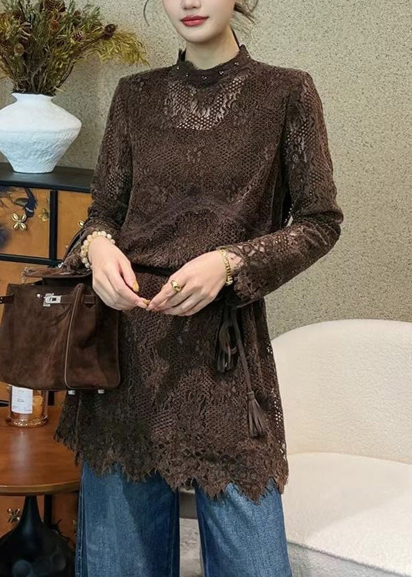 Lace Mock Neck Tassel Tie Waist Scalloped Hem Mini Dress 4