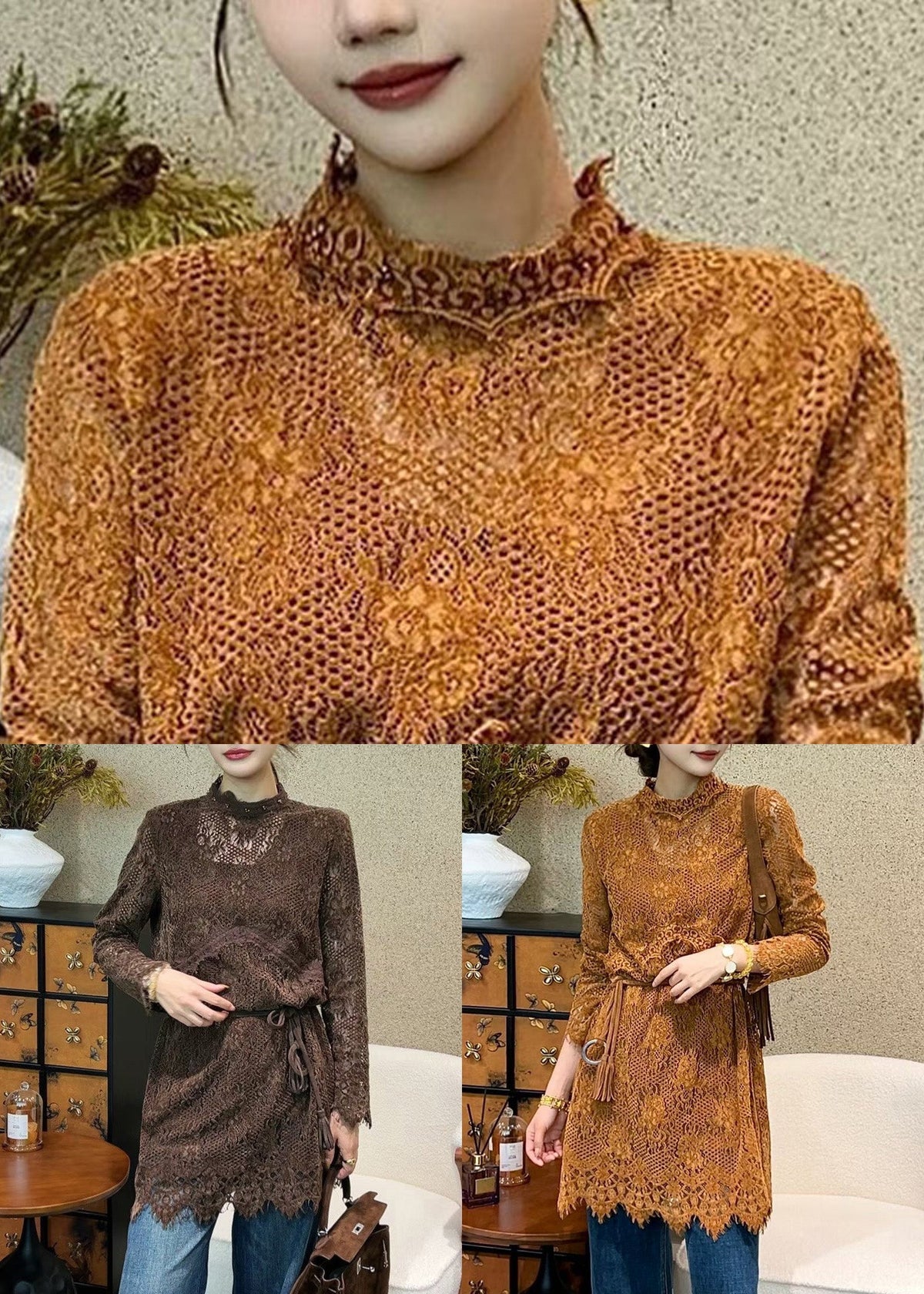 Lace Mock Neck Tassel Tie Waist Scalloped Hem Mini Dress 5
