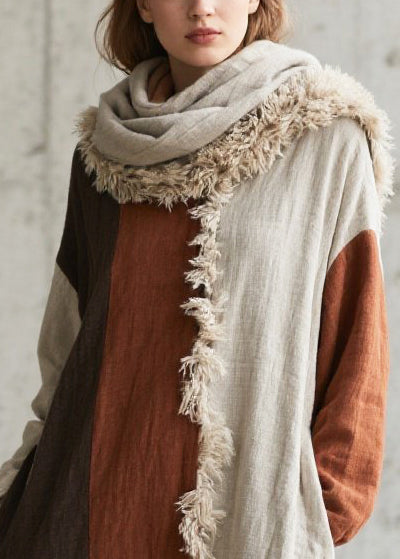 Hooded Faux Fur Trim Colorblock Panel Linen Maxi Dress with Scarf 2