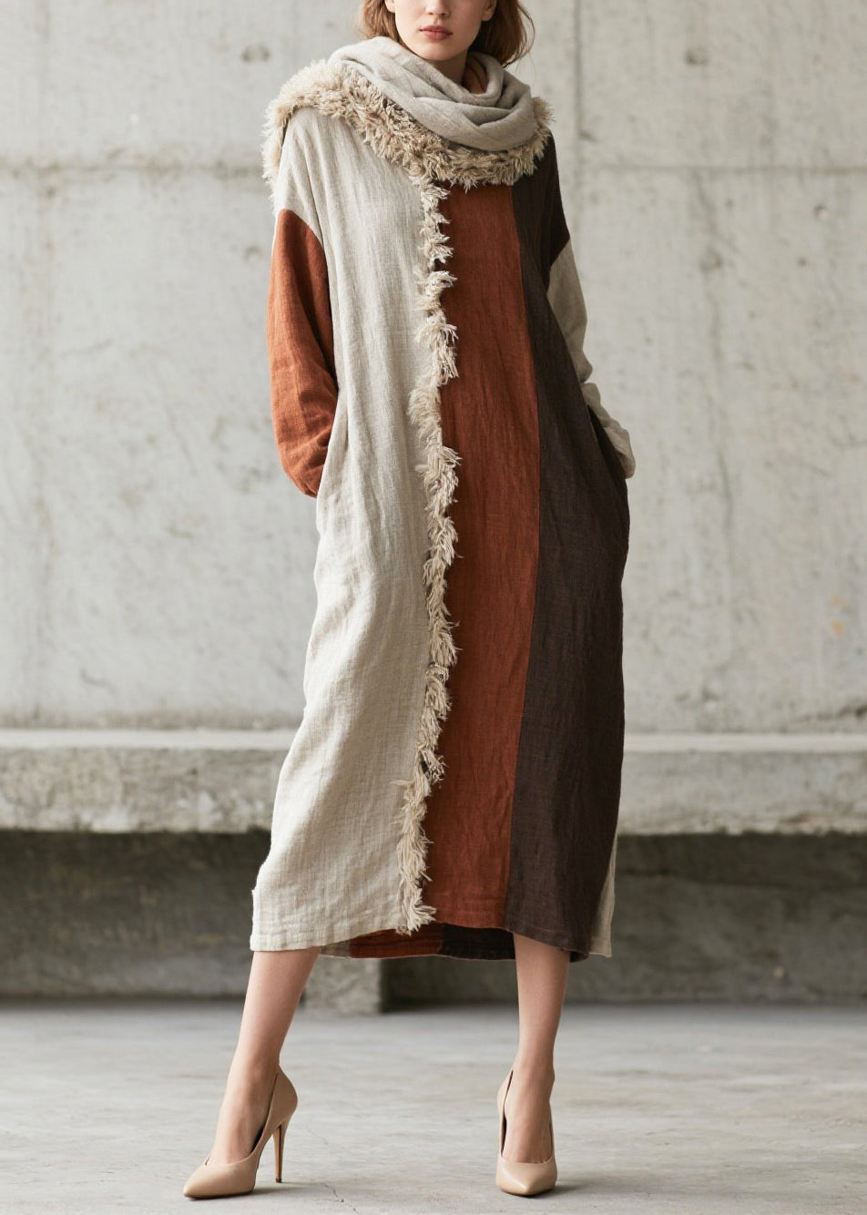 Hooded Faux Fur Trim Colorblock Panel Linen Maxi Dress with Scarf 3
