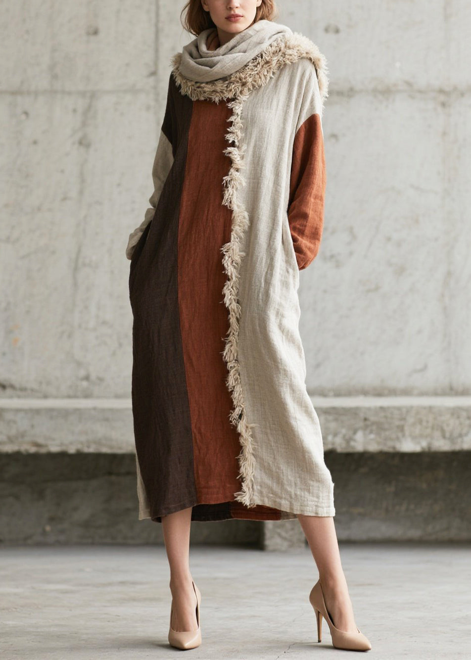 Hooded Faux Fur Trim Colorblock Panel Linen Maxi Dress with Scarf 5