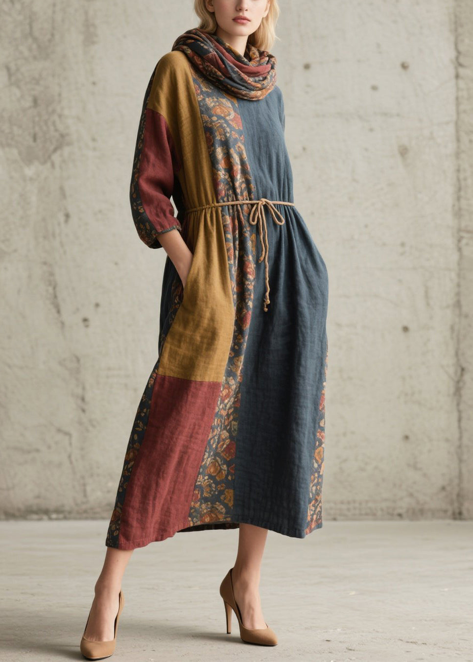 Drawstring Waist Floral Patchwork Linen Midi Dress with Matching Scarf 3