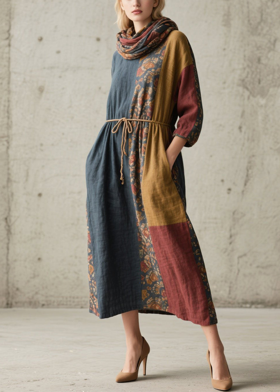 Drawstring Waist Floral Patchwork Linen Midi Dress with Matching Scarf 5