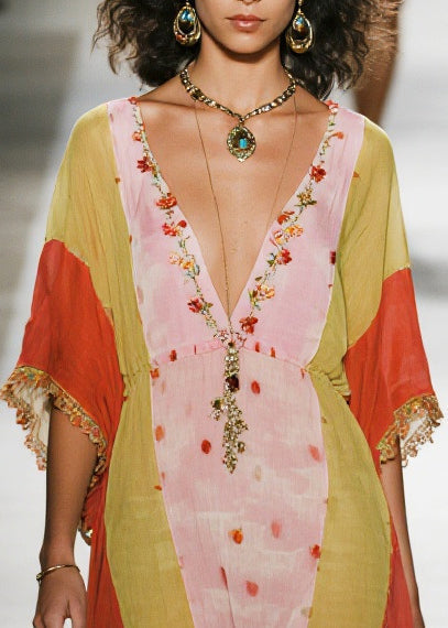 Deep V Neck Embroidered Fringe Cuff Kaftan Mini Dress 2