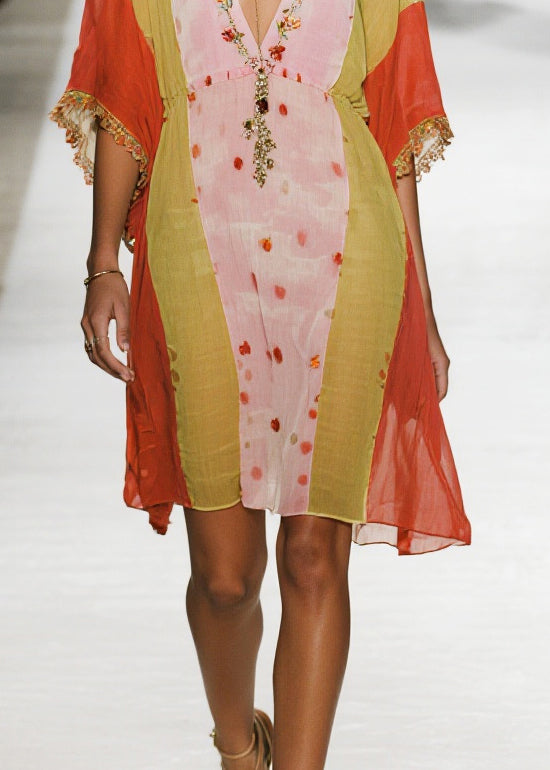 Deep V Neck Embroidered Fringe Cuff Kaftan Mini Dress 4