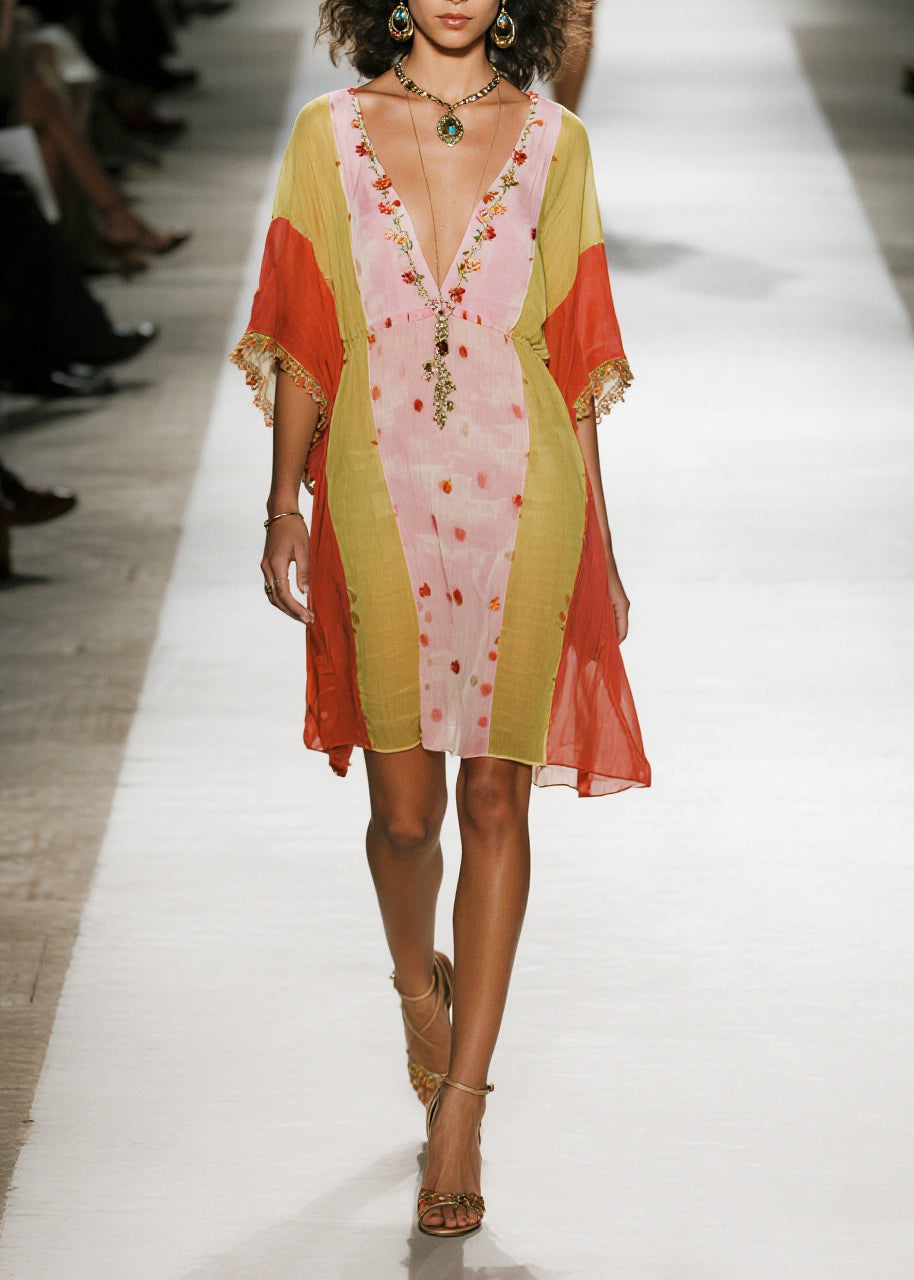 Deep V Neck Embroidered Fringe Cuff Kaftan Mini Dress 5