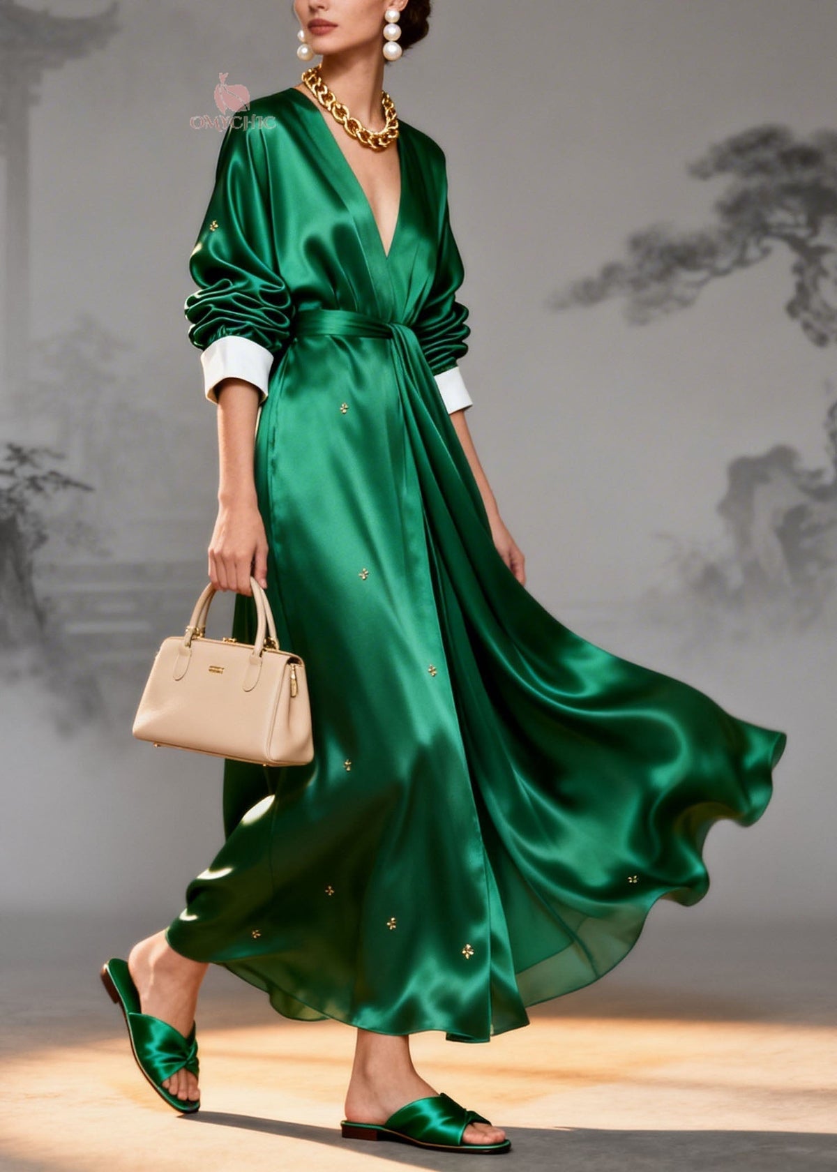 Deep V-Neck Contrast Cuff Belted Satin Star Print Wrap Maxi Dress 3