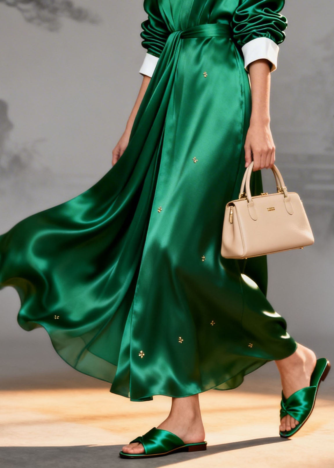 Deep V-Neck Contrast Cuff Belted Satin Star Print Wrap Maxi Dress 4